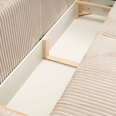 Sofa Alloro 3-osobowa z funkcją spania 145x200 z pojemnikiem w stylu nowoczesnym – zbliżenie na detale i fakturę